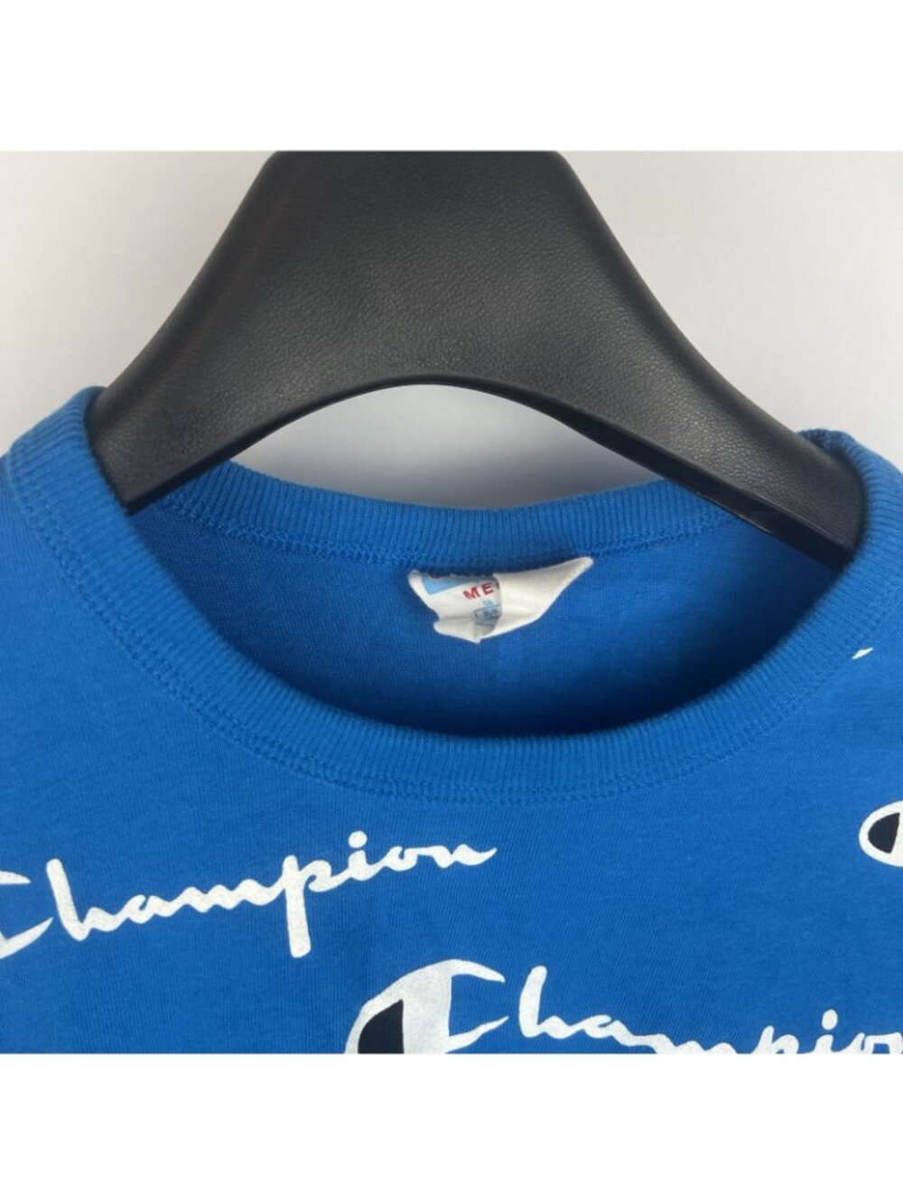 Champion Spellout All Over Print Tee Shirt Vintage Men's Medium Blue Cotton - Picture 2 of 3